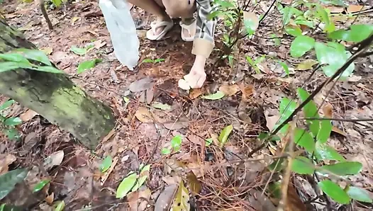 Thai girls walking and talking and picking mushrooms in the forest, secretly showing in the deep forest Clear Thai voice
