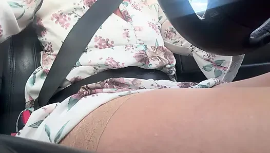 Hot elegant mature wife shows off her sexy legs in stockings as she drives to the office