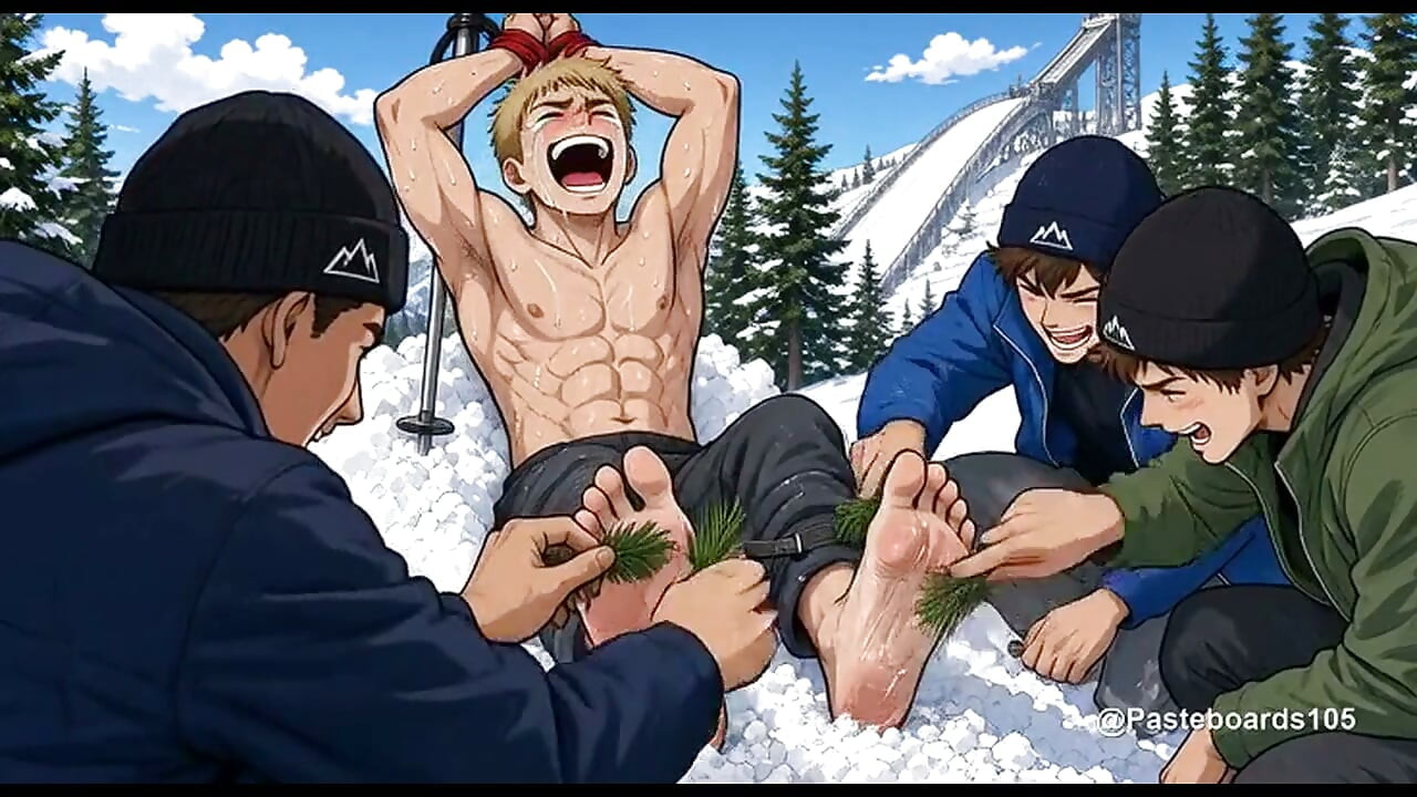 Zahrabaný ve sněhové závěji – skokan na lyžích uvízlý až po prsa, snowboardisté na jeho holých chodidlech (2D anime