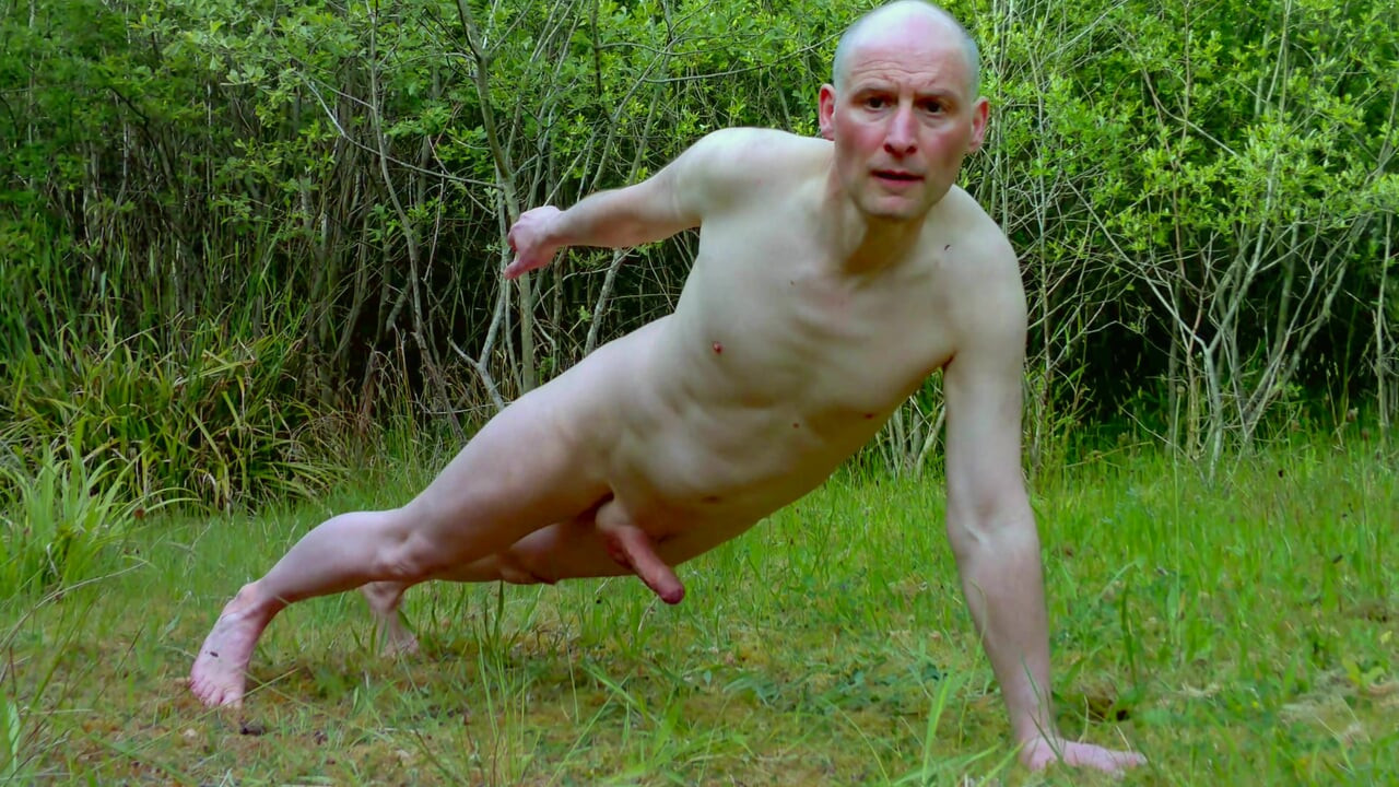 Outside naked uncut cock erect on hands and knees masturbates, thrusts and show his hard dick Jonathan performs for you