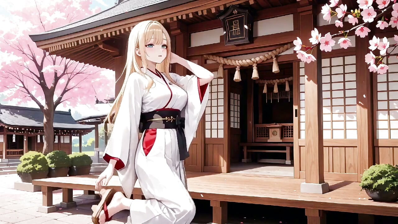 Blonde miko im Schrein! Tabu flüstern unter kirschblüten, auch weißer rock enthüllend!