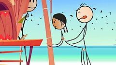 Cartoon, heißes Stock-Mädchen fickt mit einem kleinen Schwanz - sexy Stock-Mann am FKK-Strand