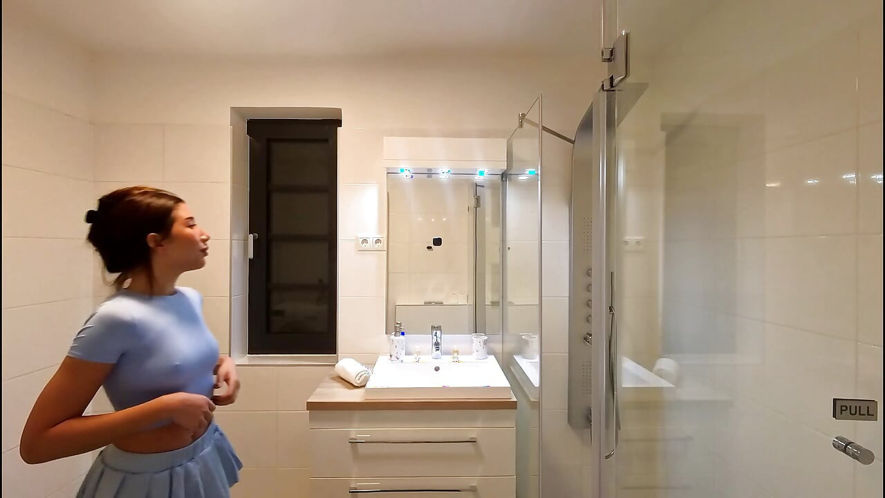 Petite Beauty Hot Brunette Babe in Shortest Miniskirt Takes Her Panties off to Flash Her Tight Pussy and Naked Ass