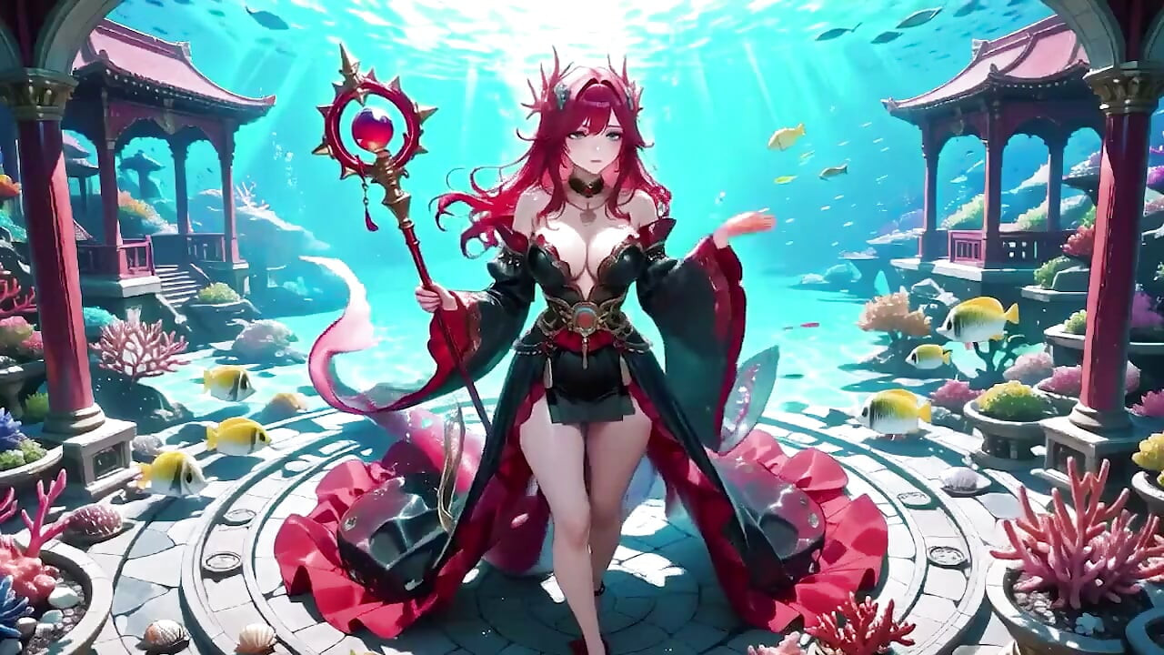 Forbidden Feast in the Underwater Palace, Black and Red Kimono Slightly Wet.
