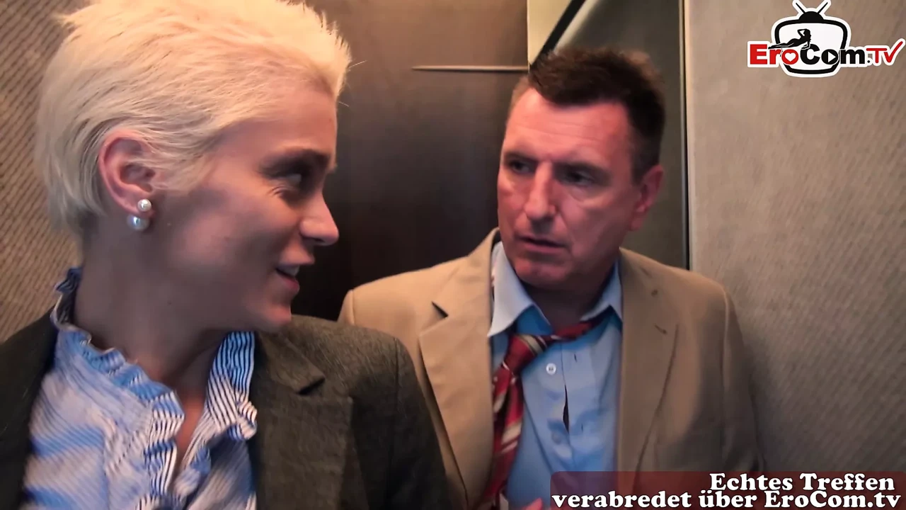 German blonde MILF with big tits and short hair does anal in an elevator