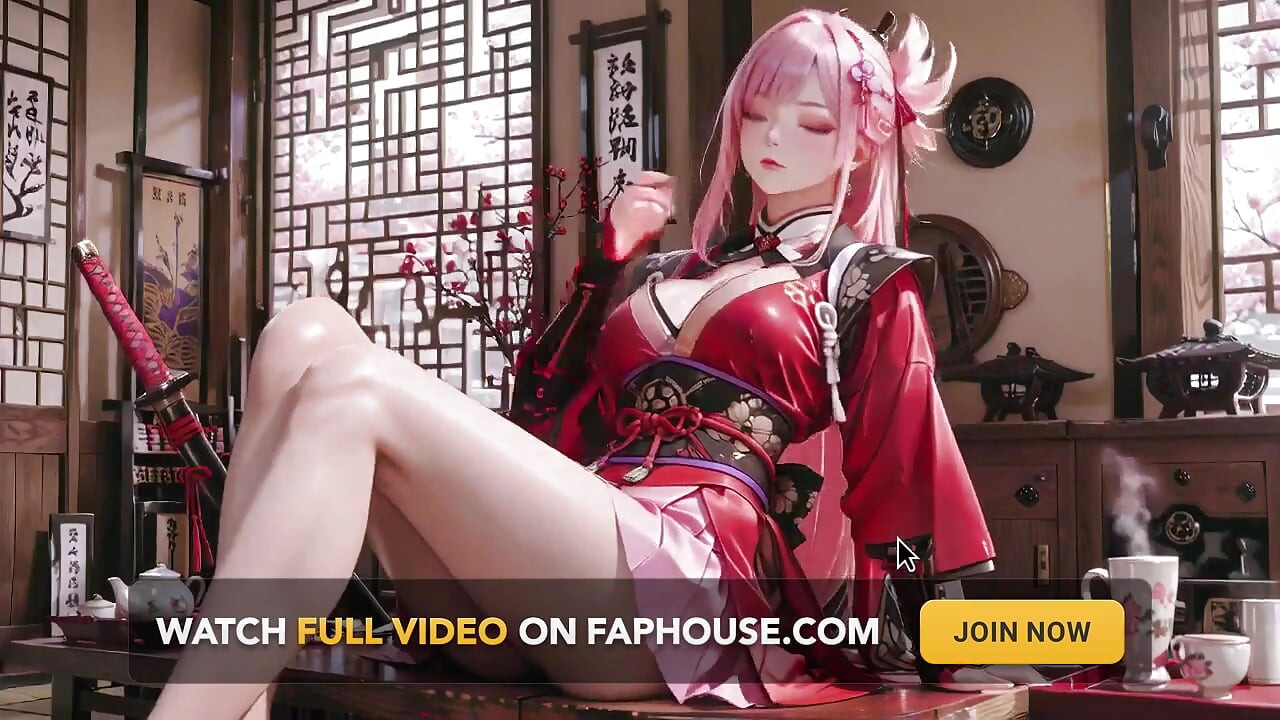 Crimson Samurai! Pink-haired Warrior Kneeling on Tatami, High-slit Kimono Slipping to Reveal Snowy Thighs.