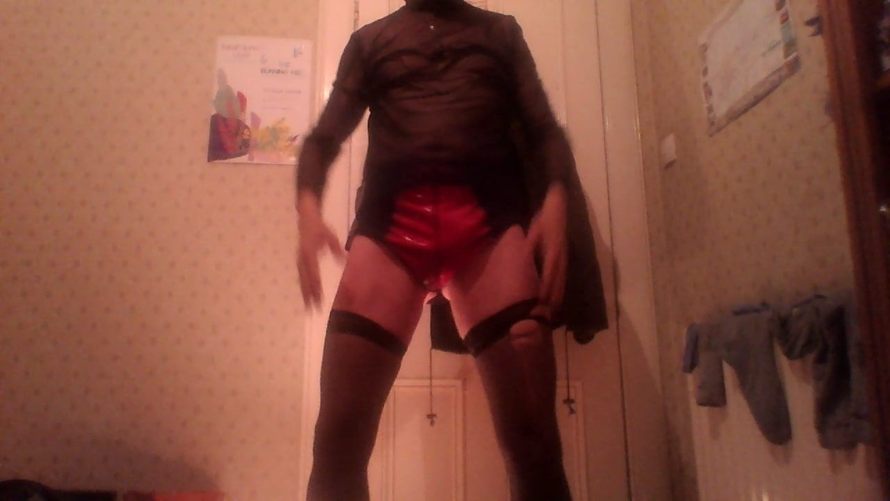 Rubber wank cross dressing, PVC fun.