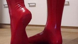 Walk in my red latex stockings