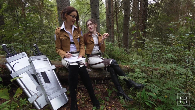 Attack on titan. Sloppy threesome blowjob for commander in the forest