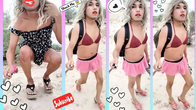 Cute trans changes clothes and heels likes to get naked in hot public