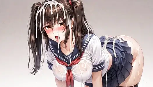 The student girl is cummed all over her face