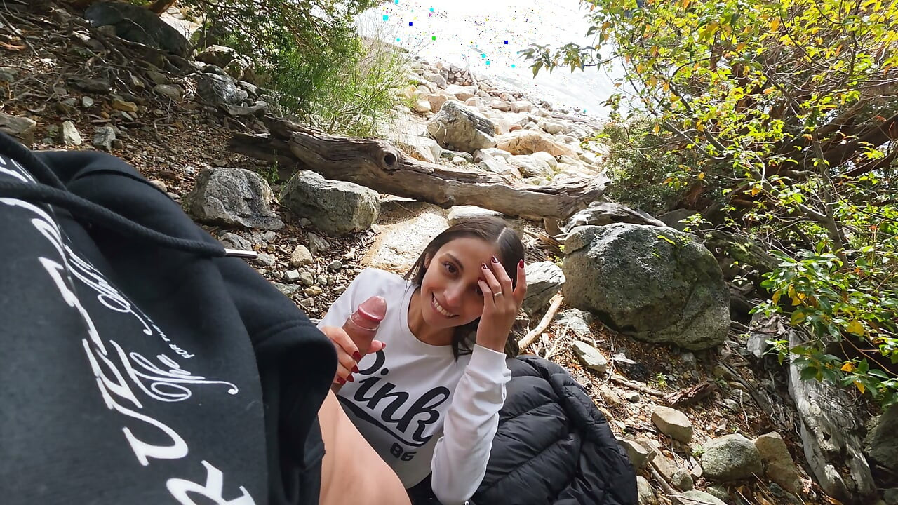 Hiking buddies have sex in the woods