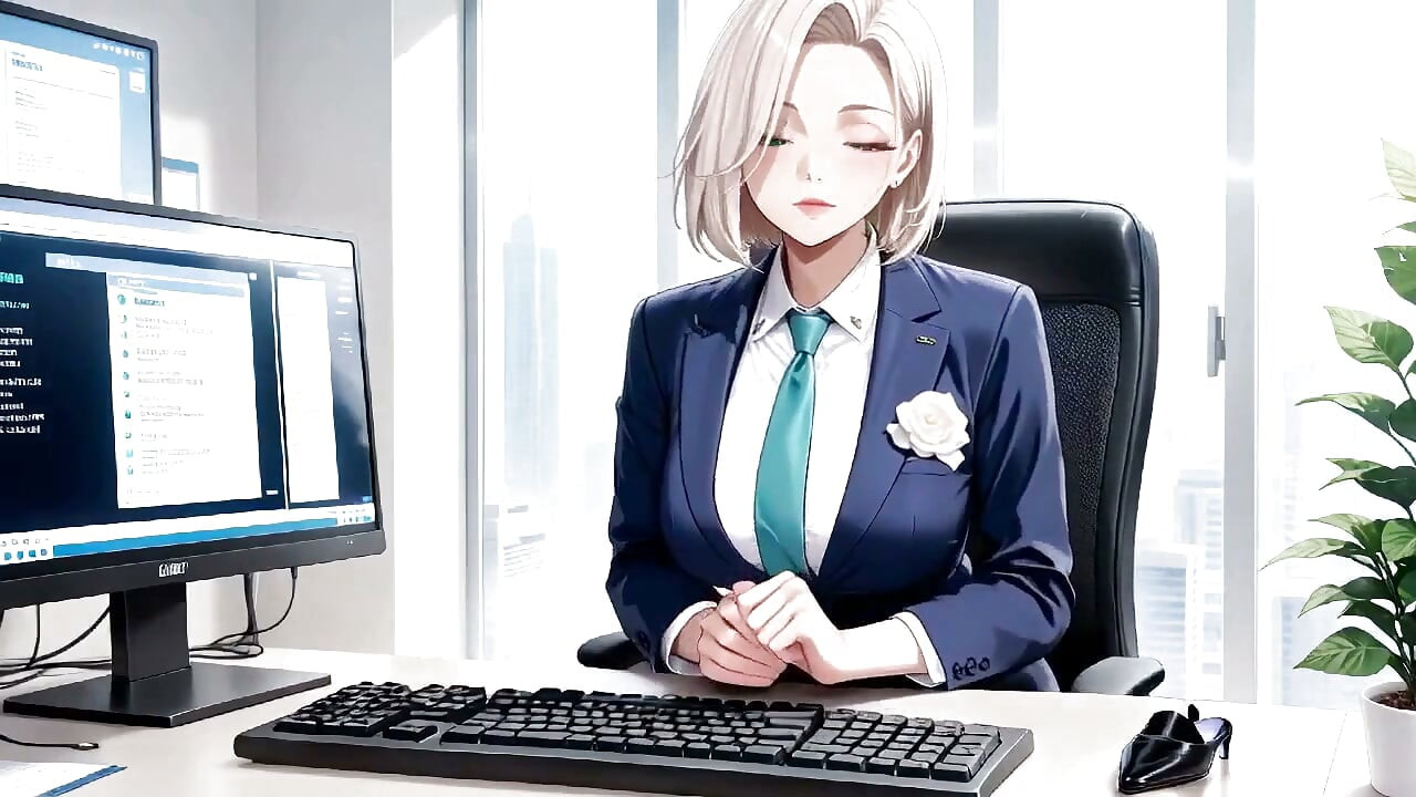 Kneeling on the Desk Amidst Piles of Files, Adjusting Her Collar with Those Teasing Eyes. Who Can Handle This?