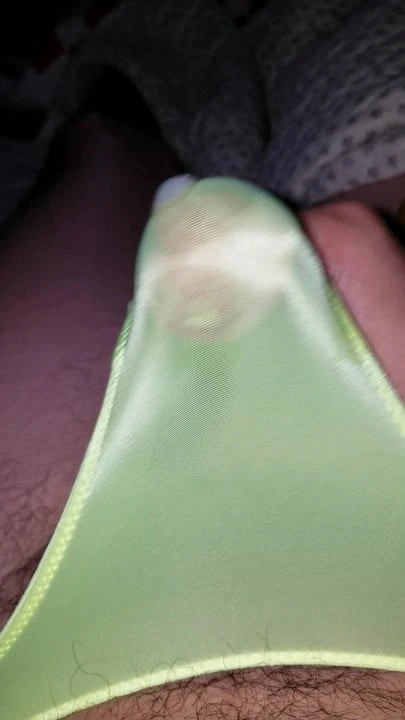Cumming in neon green satin bikini