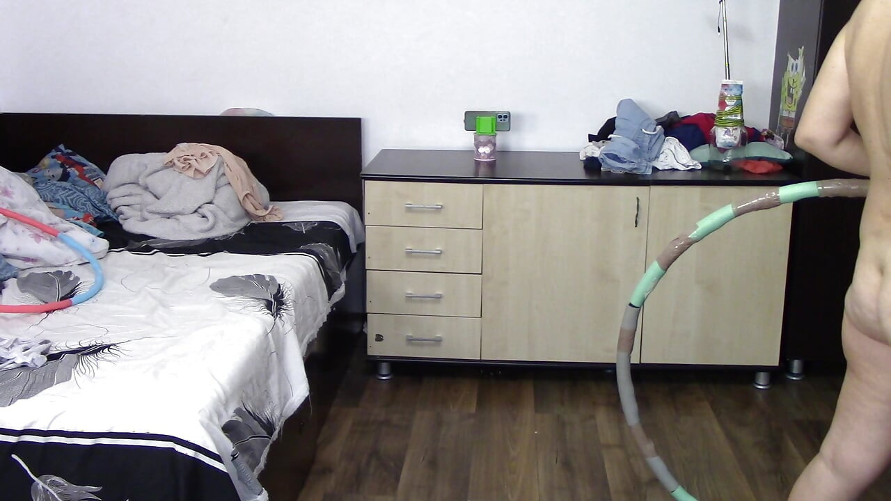 Sexy wife workout at home naked. Sexy brunette tries on pantyhose, hairy pussy, big ass, big tits.