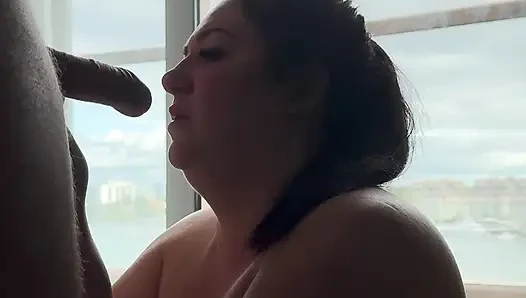 Morning blowjob and handjob by the balcony