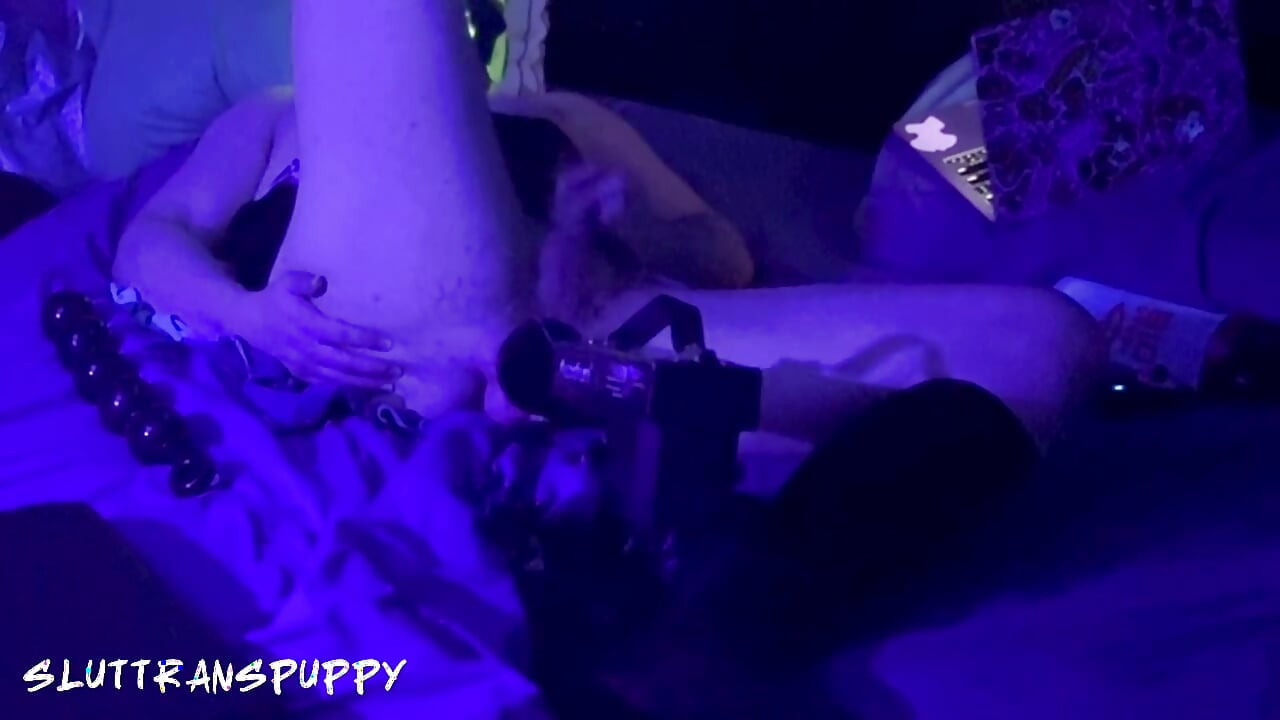 S1UTTRANSPUP Takes 9 inch dildo on Fucking Machine in blacklight