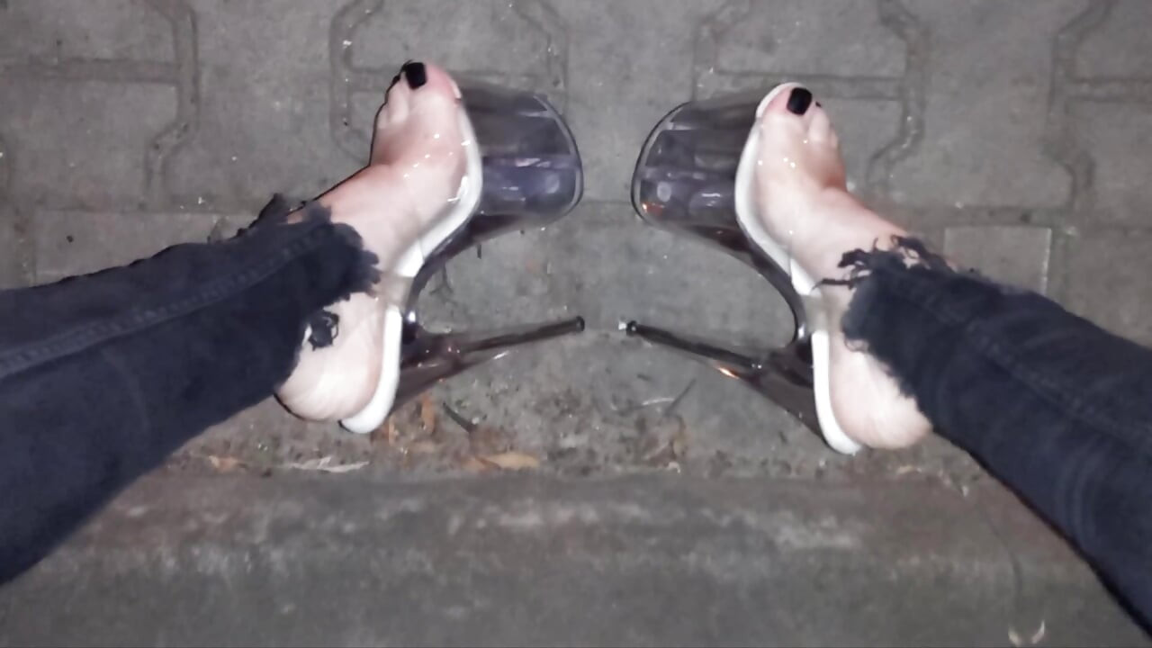 Sexy Feet & Legs in 20cm Sky-High Clear Stilettos - Ripped Jeans Tease