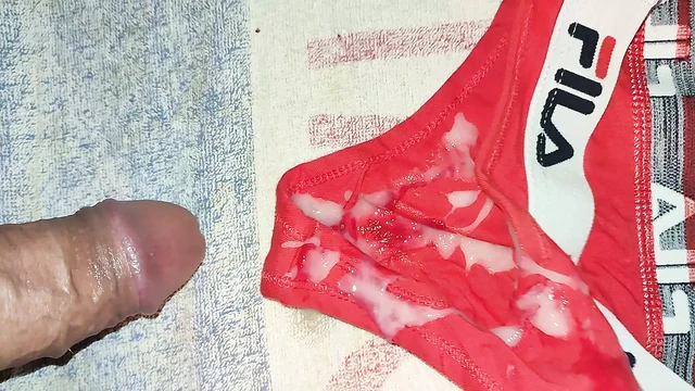 Cumshot on the red thong of a French girl at the campsite