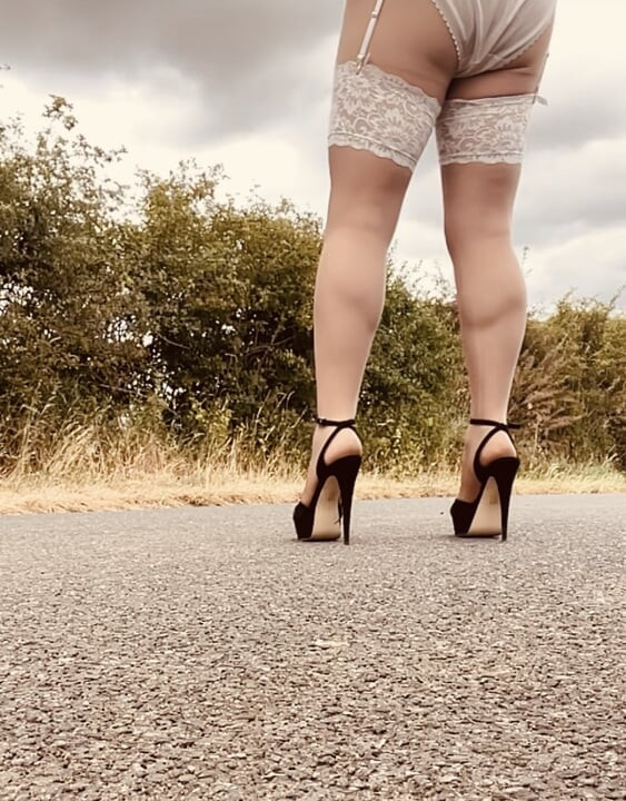 Crossdresser husband bridal stockings  suspenders heels panties bra dressed sexy outdoor flashing