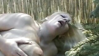 Super sexy blonde from France pleasing a hard dick in the backyard