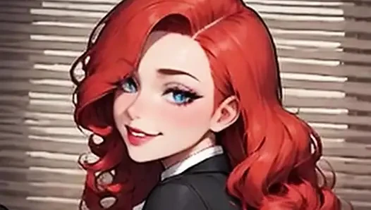 Секретарша Waifu в видео от первого лица - красное нижнее белье и разнообразие волос в офисе крупным планом