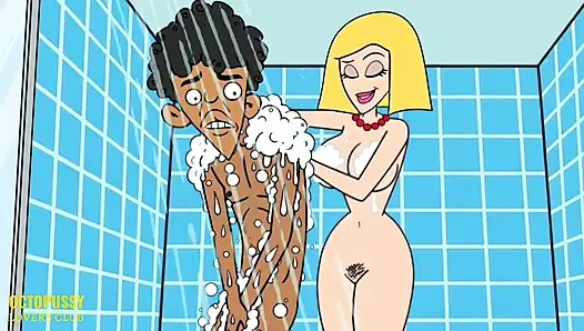 Üvey anne duş alıyor ve üvey oğlunun spermle boşaltmasını sağlıyor