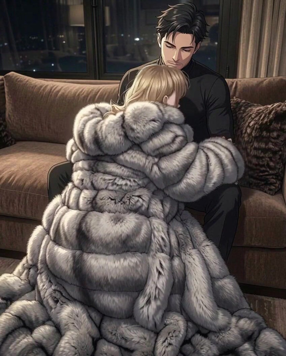 Blonde in Huge Fur Coat Teases on the Sofa