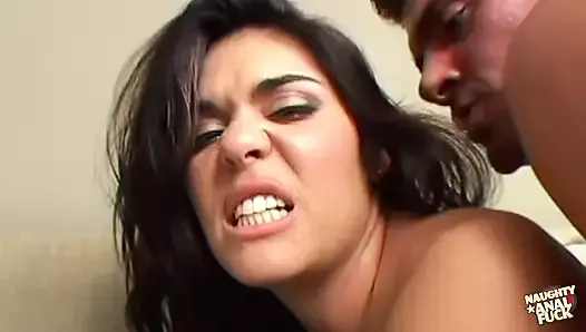 Perfectly curvy brunette gets her dark hair smeared with cum after a massive anal threesome