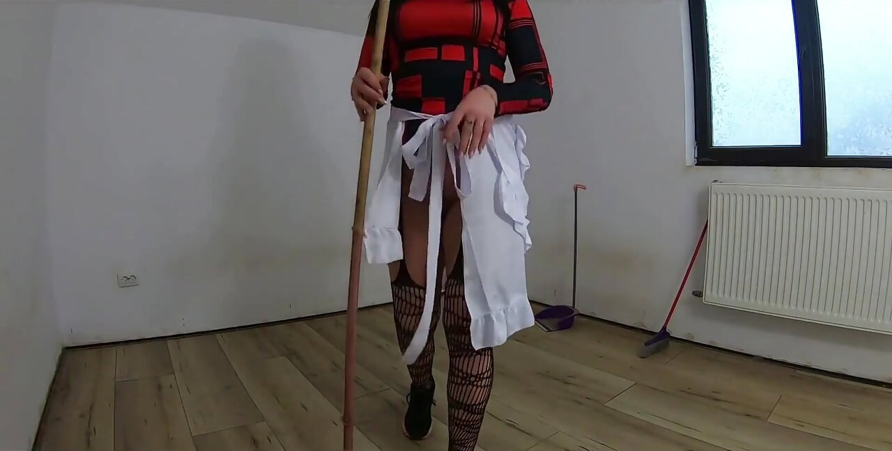 Nympho Maid Masturbates with Broom & Mop While Cleaning an Abandoned House
