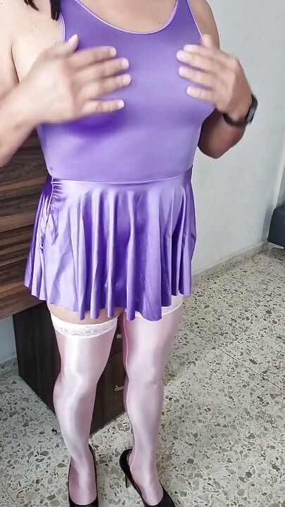 Modeling My Sexy Purple Dress, Now with Red Satin Panties and Using a Vibrator for More Pleasure