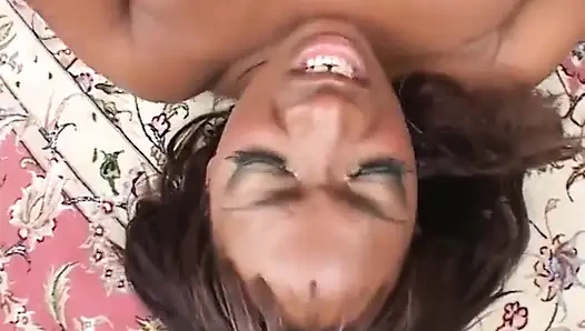 Sexy ebony babe swallows cum after rough sex with white dude