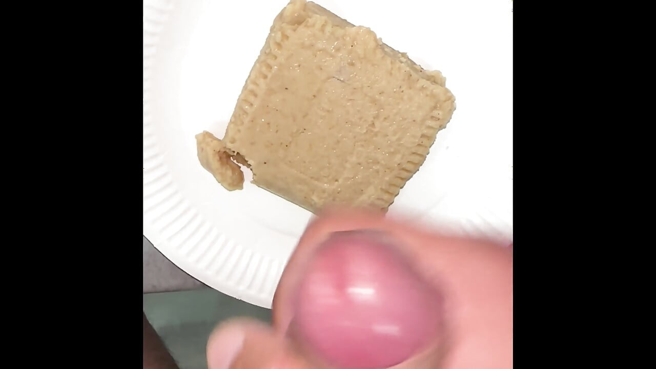 Jerk off with a mannequin's hands and cum on dessert