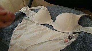 Cumming on size 14 white panties and 34B Bra