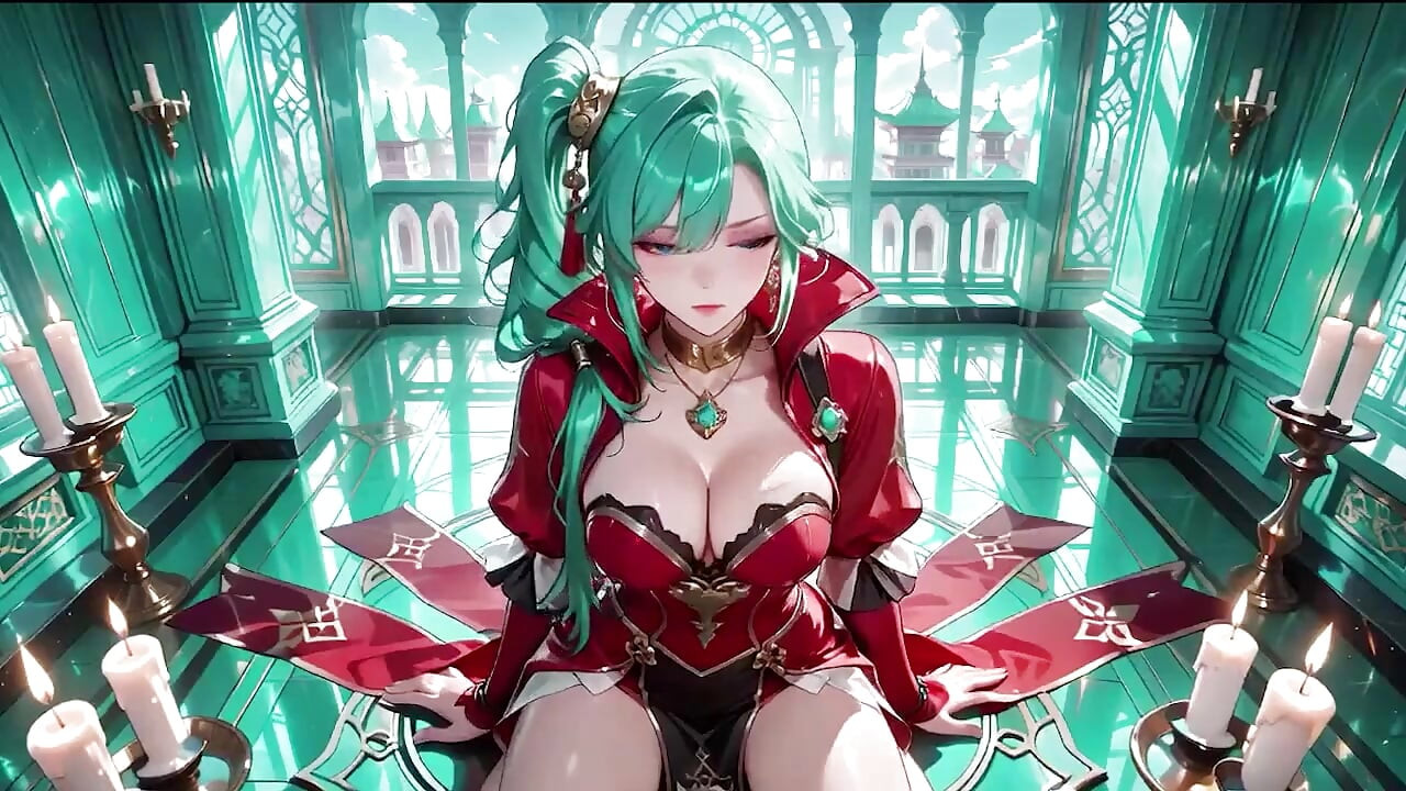 The Red-clad Blade's Private Tease! Green-haired Warrior in a Black-red Battle Robe, Commanding yet Shy on the Floating Terrace.