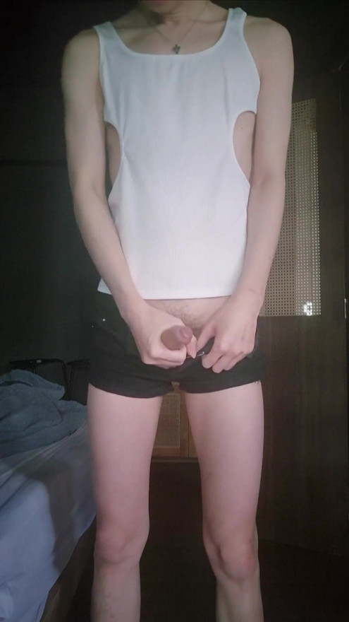 Slim Asian Twink Masturbating and Cum on Shorts | Clip 1