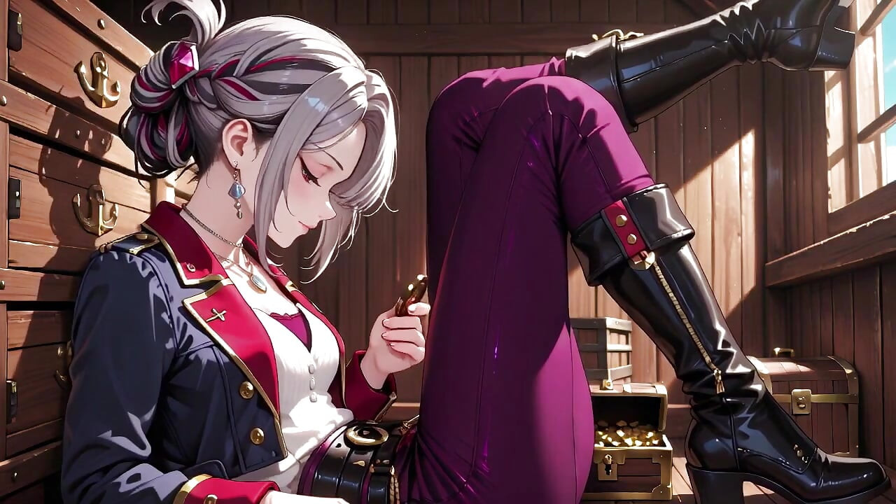 Silver-Haired Pirate Queen! Sun-drenched ship cabin, navy uniform slightly damp, kneeling with a teasing gaze.