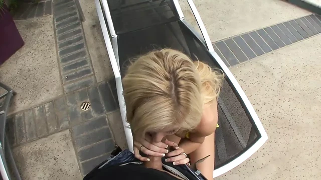 Hot blonde tanning by the pool when stud comes to fuck