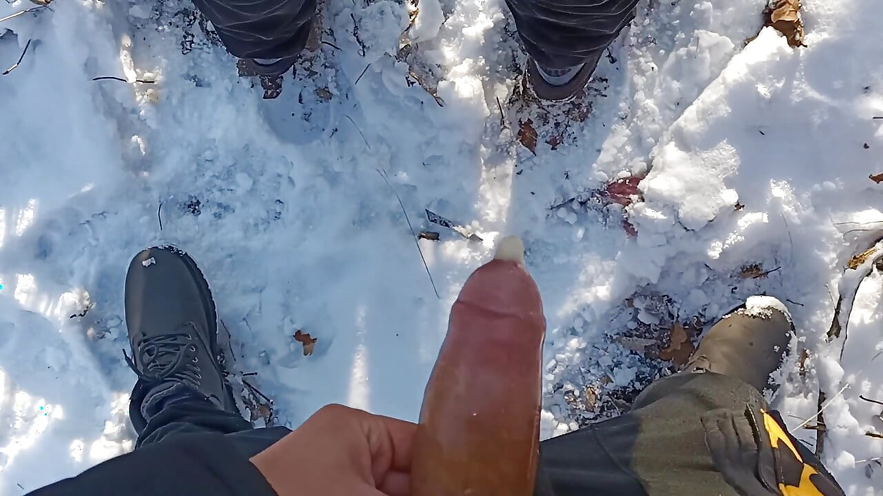 Quickie in Icy Snowy Park. Sliding Inside Friend's Ass with Lubed Condom