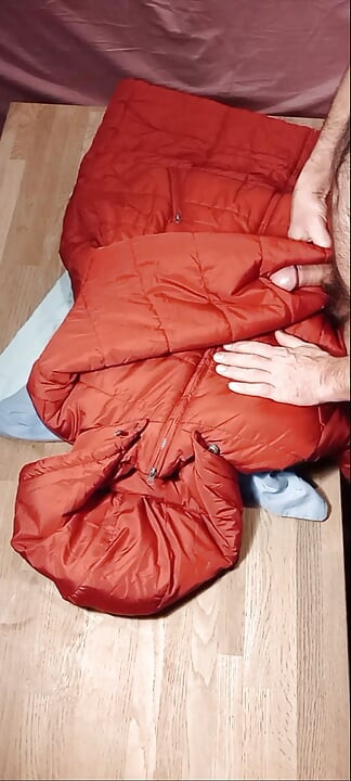 4 cumshots on the sweet lining of a red lady puffer coat