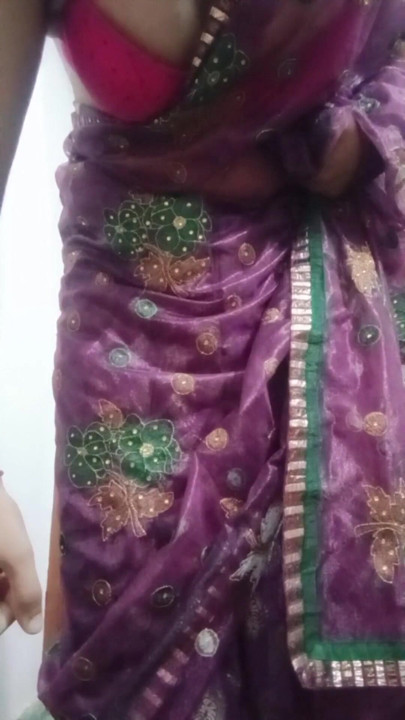 Indian Gay Crossdresser Bottom Gaurisissy showing her big boobs in purple saree | Clip 2