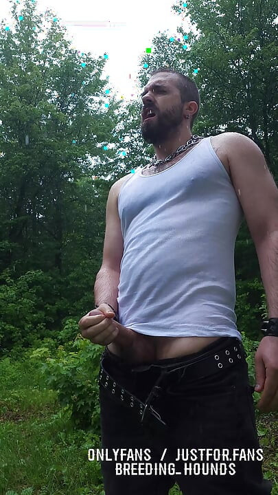 Verbal daddy draining his hairy balls outdoor in the rain.