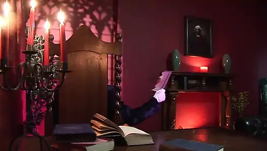 Guy with gloves pounds geeky brunette in stockings on his desk