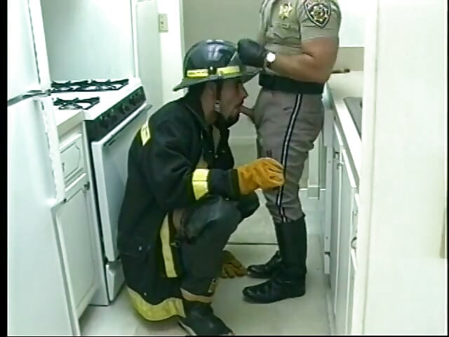 Gay fireman sucks a cock of a police officer