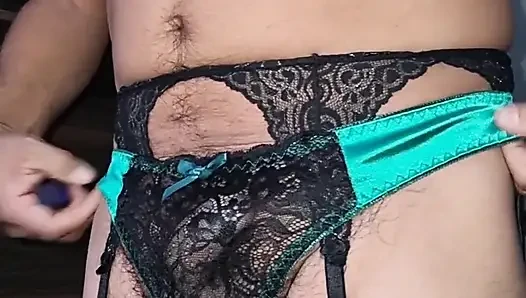 Green Satin Tights with Black Lace, Sissycum with Vibrator
