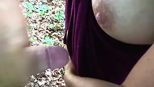 Hothousewife jerks off a cock in the woods