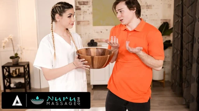 NURU MASSAGE - Shaken 18yo Boy Is Taken Care Of By His College Bestie While She's Working