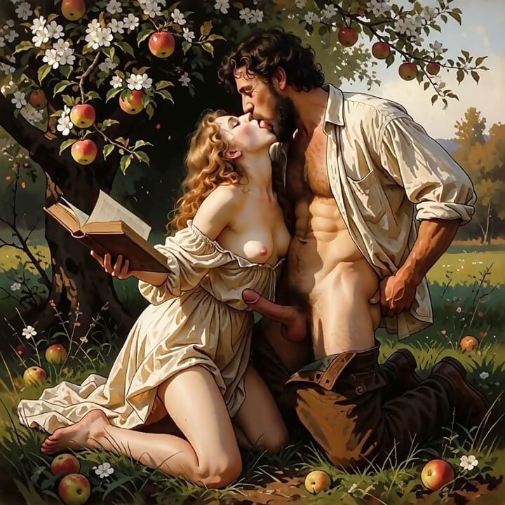 She Kept Reading Under the Apple Tree While He Finished What the Book Started (AI generated).