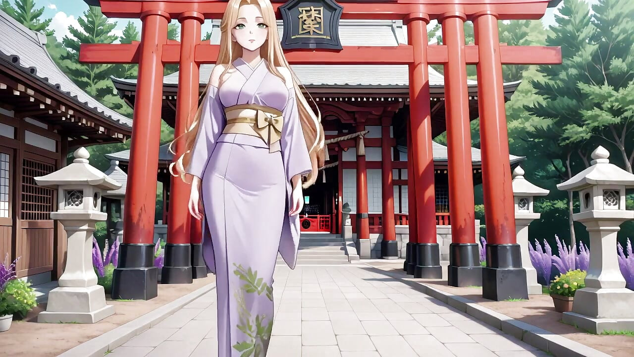 Si blonde di Lavender! Berlutut bertelanjang di bawah pagar Torii merah, andoufnya meleleh di angin.