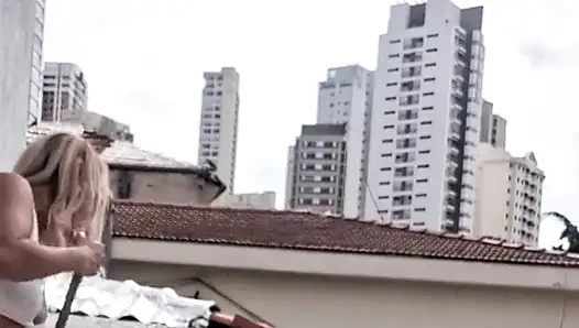 Me and Dai Belan, Almost Naked, Washing the Balcony of the Apartment and Neighbors Watching Us